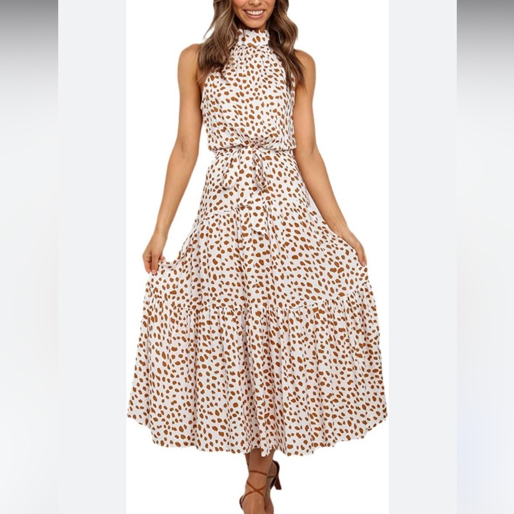 Brown and Orange Sleeveless Halter Maxi Sundress